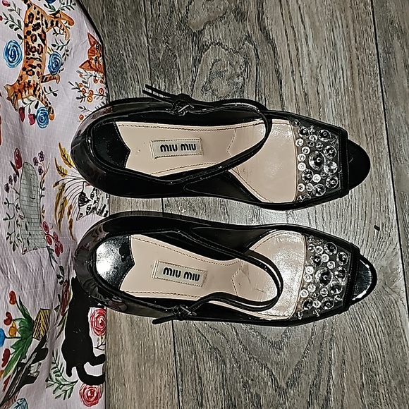 Miu Miu high heel black patent leather Rhinestones peep toe 36.5 (S2) - Picture 4 of 11